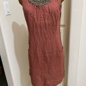 Lina Tomei linen beaded neckline midi dress size medium